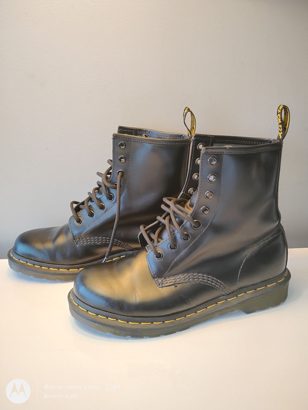 Dr. Martens Black Leather 8-Eye Lace-Up Boots with Yellow Welt